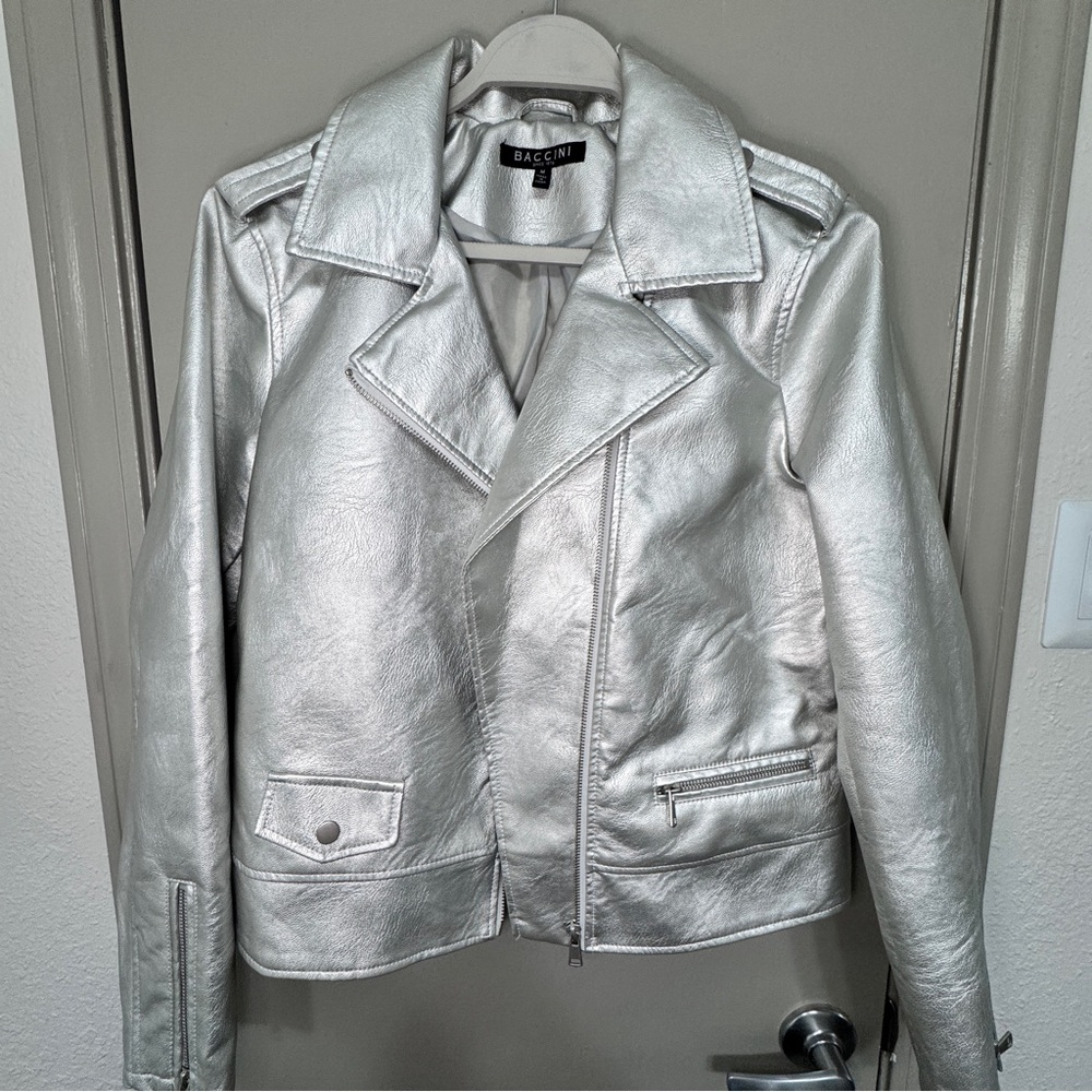 Baccini Jacket Silver Metallic Faux Leather Biker Cropped
